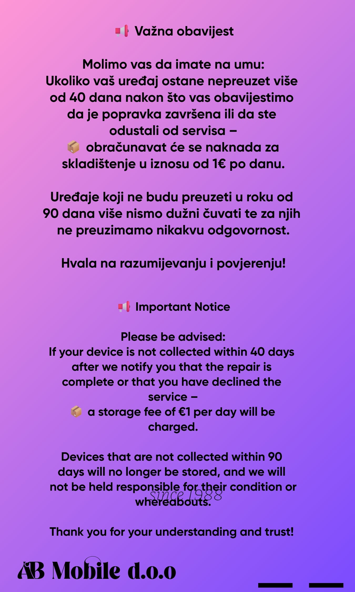 Važna obavijest za nepreuzete uredjaje