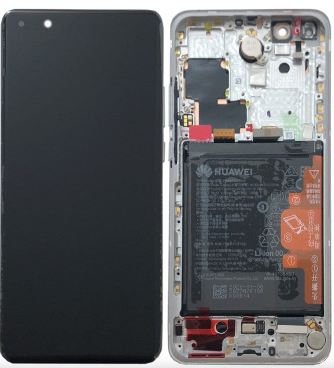 LCD Huawei P40 Pro (ELS-NX9) + touch + okvir + baterija Bijeli / Srebrni (Ice White) Service Pack Original